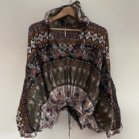 Free People Hold On Tight Gause Hooded Top SzXS Green/Black Oversized - Picture 13 of 13